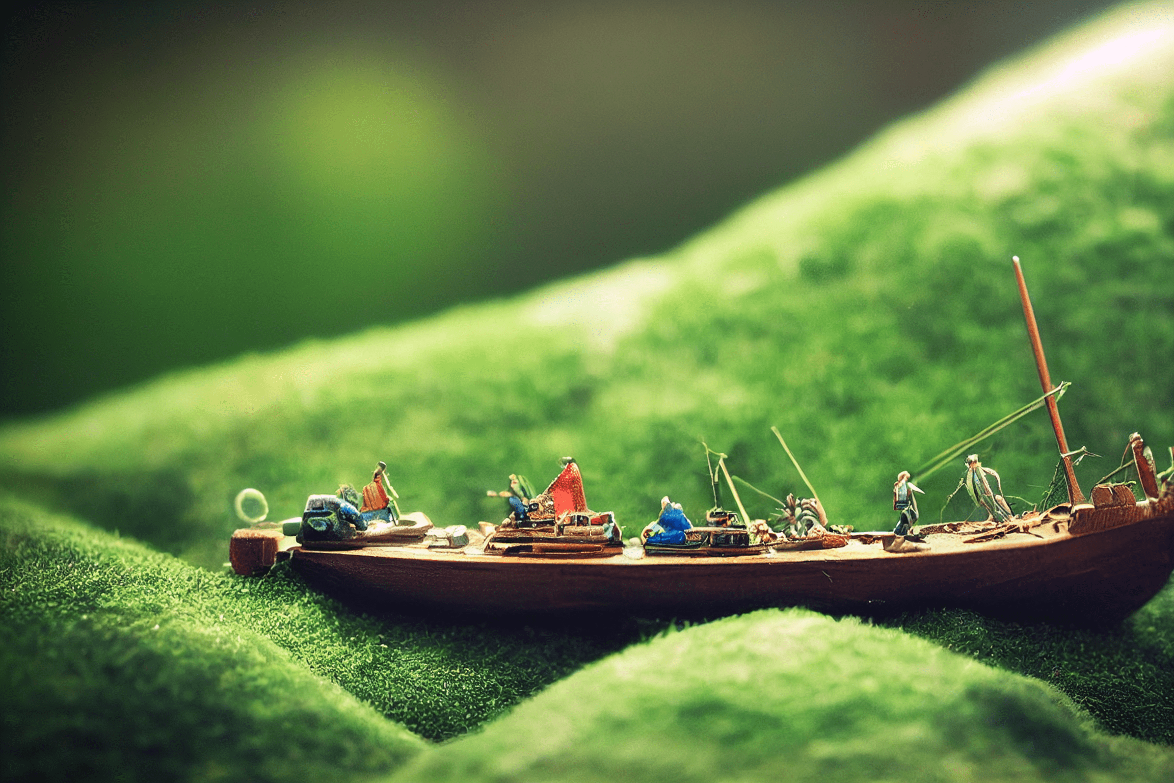 Way back a year ago – Cabincore miniature boat on a green sea