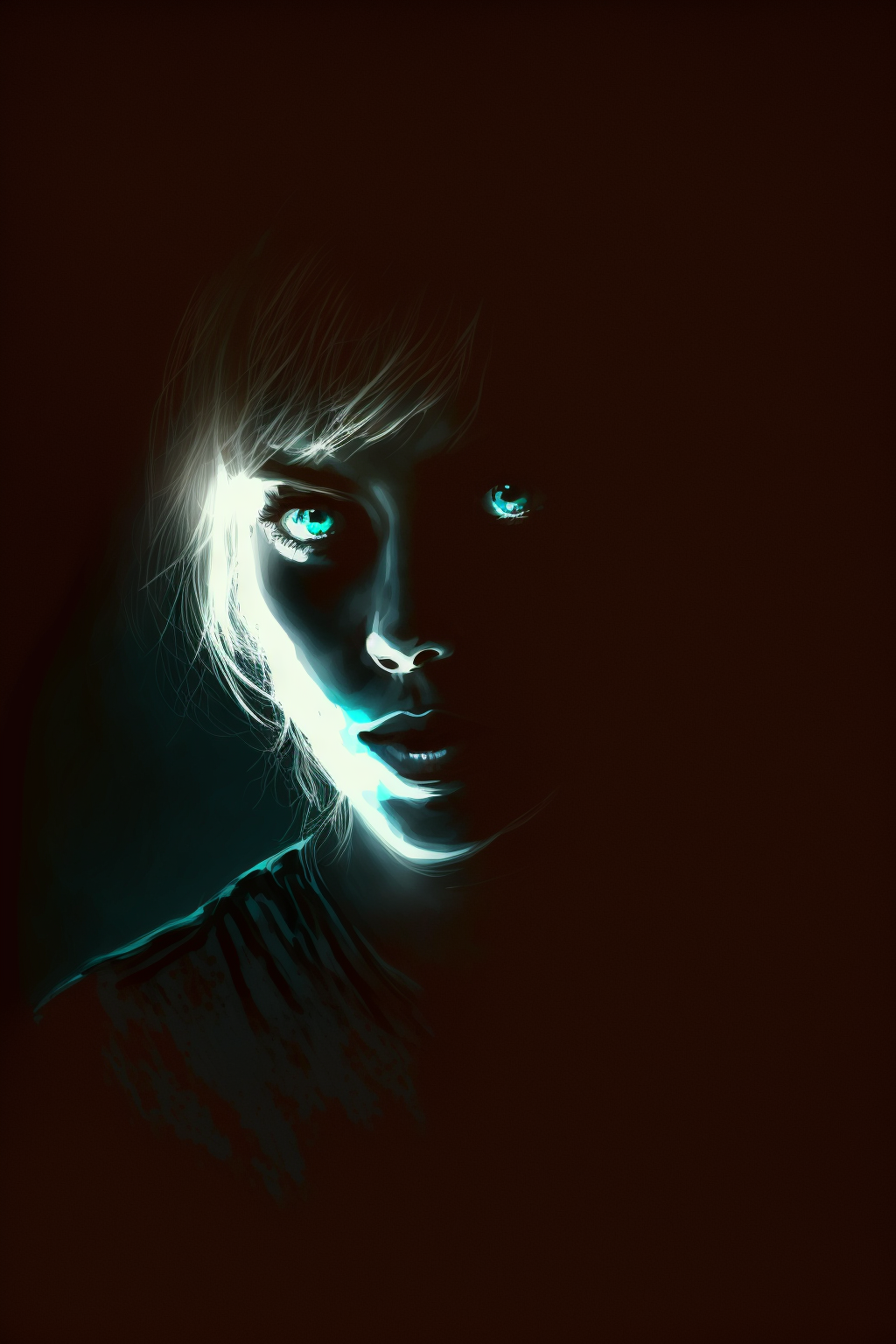 Woman in the dark with glowy eyes