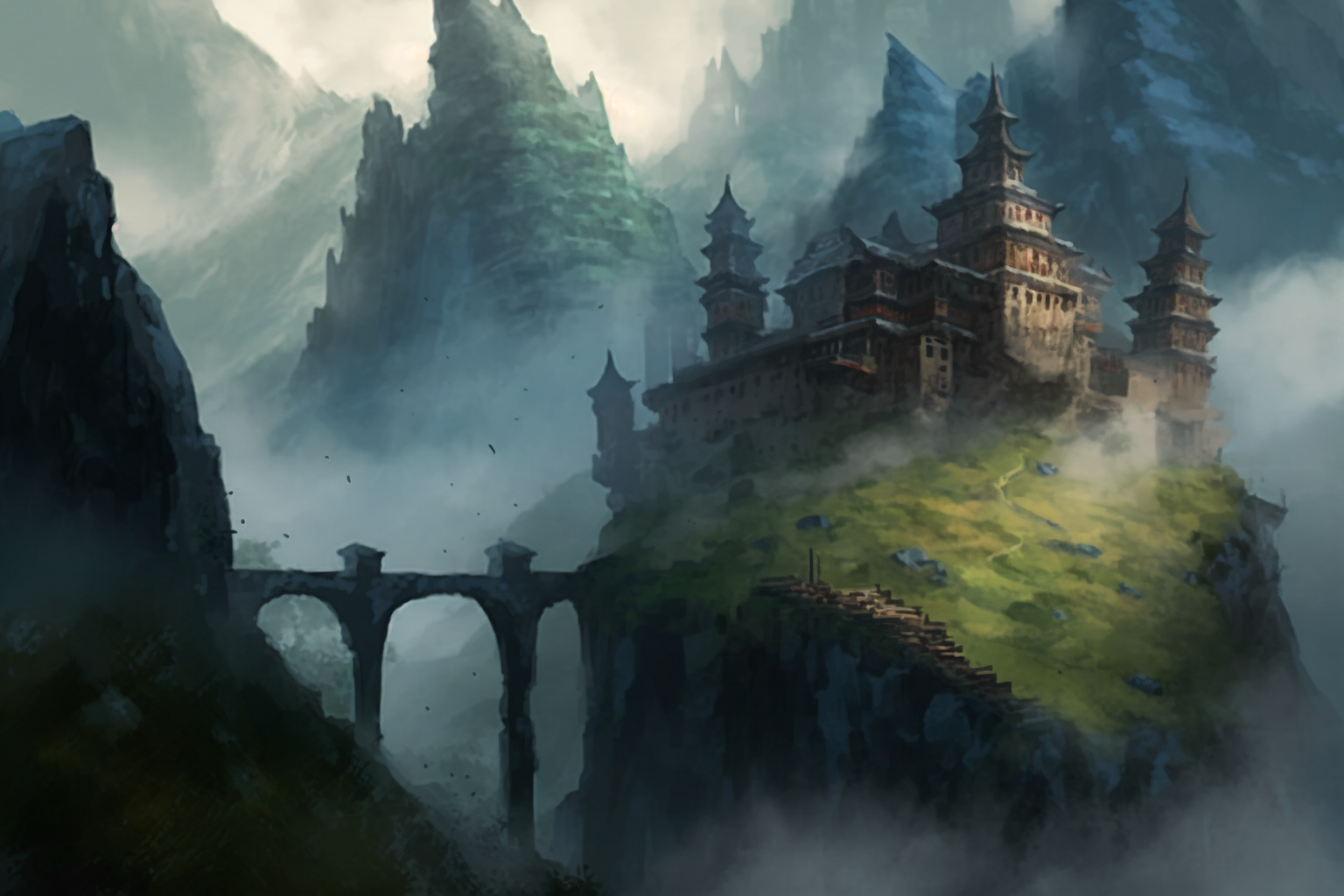Temple in misty mountains 
